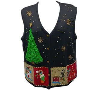 Lisa International Ugly Christmas Sweater Cardigan Vest Embellished Wintertime.